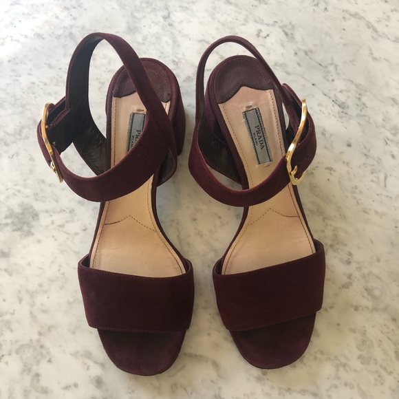 Prada Shoes - Prada Burgundy Open Toe Block Heel Sandals